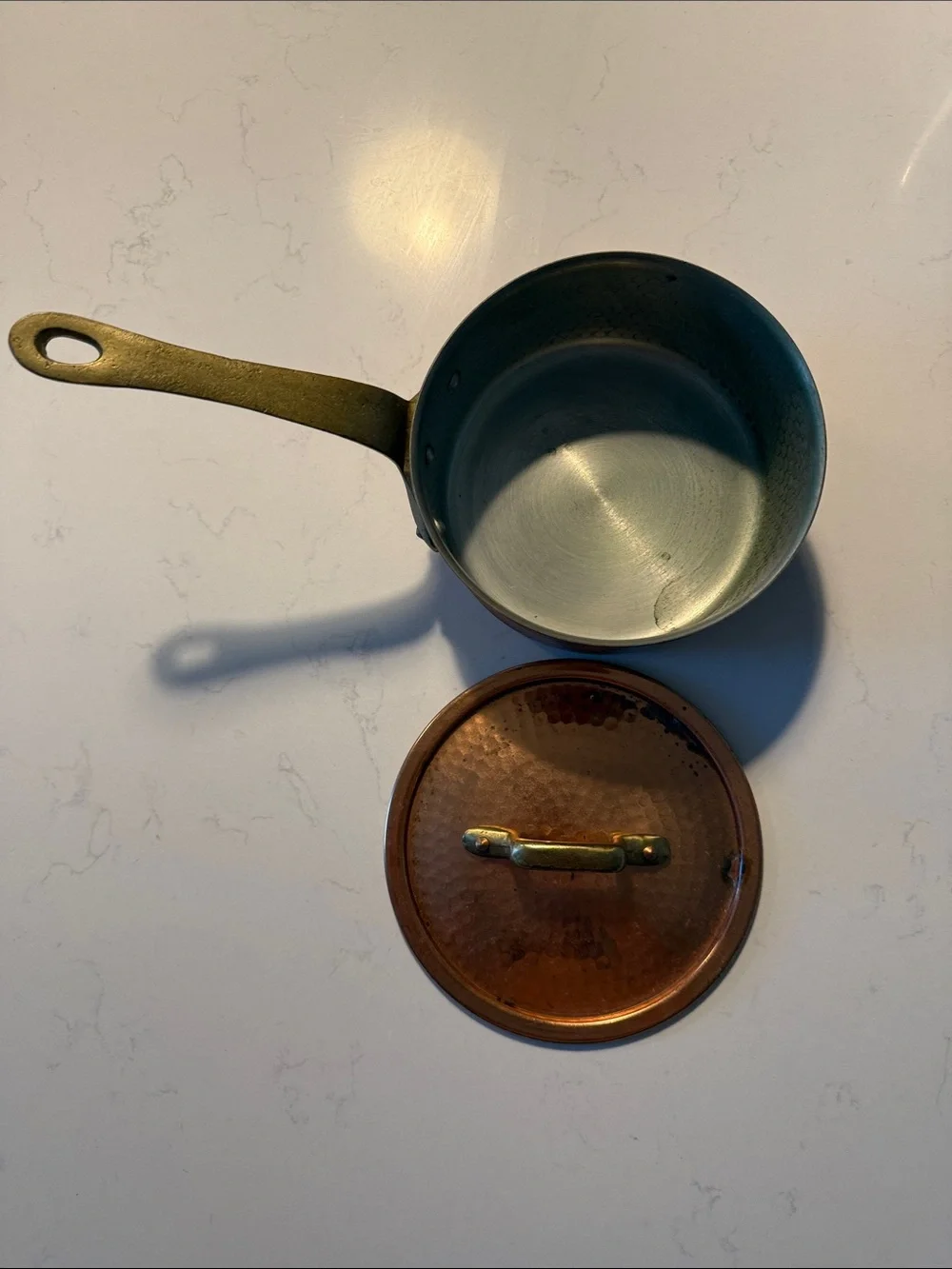 Vintage Copper-Finish Hammered Saucepan with Lid - brass Handle